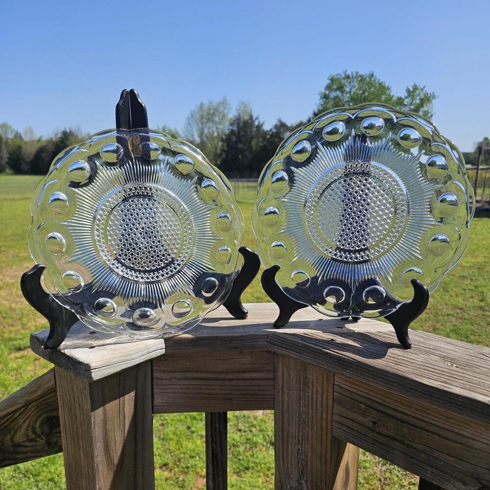Vintage US Glass Manhattan Dot and Cane Dinner Plates (Set of 2)